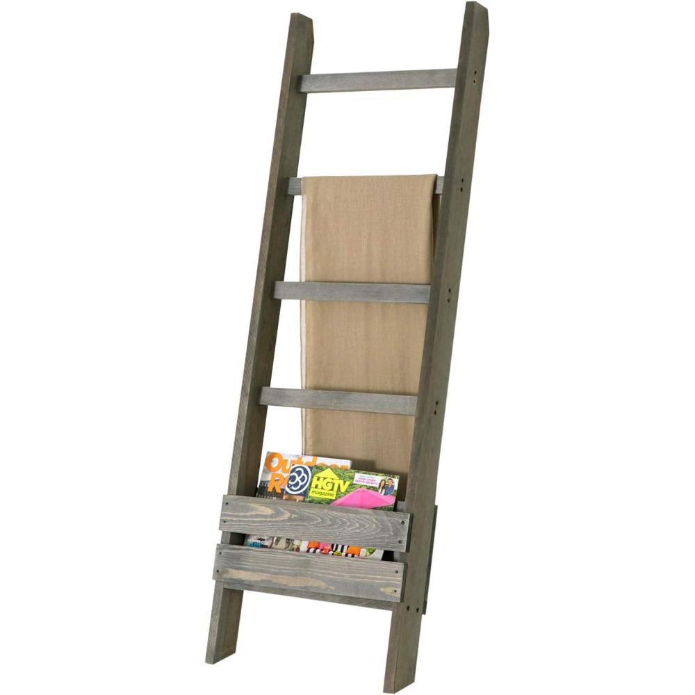 imageMyGift Rustic Brown Wood 4 ft Leaning Towel Ladder Rack for Bathroom Storage with 5 Hanging Rungs Farmhouse Style Blanket and Quilt Display LadderGray