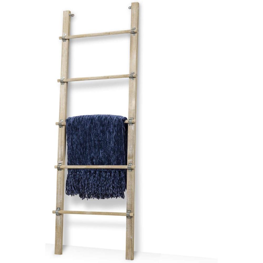 imageMyGift Rustic Brown Wood 4 ft Leaning Towel Ladder Rack for Bathroom Storage with 5 Hanging Rungs Farmhouse Style Blanket and Quilt Display LadderVintage White