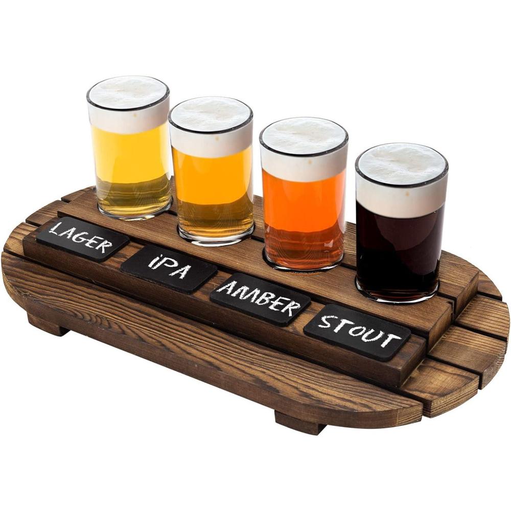 imageMyGift Rustic Dark Brown Slatted Wood Beer Flight Tasting Sampler Tray Server Set with 4 Glass Cups and Mini Chalkboard Labels