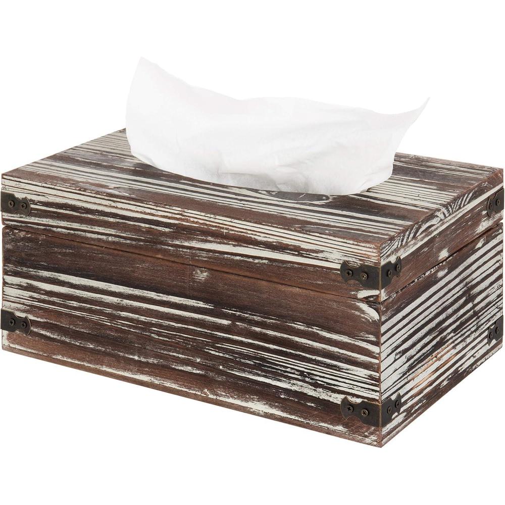 imageMyGift Rustic Gray Solid Wood Tissue Box Holder Rectangular Cover Decorative Bathroom Facial Tissue Box Holder with Hinged LidTorched Wood
