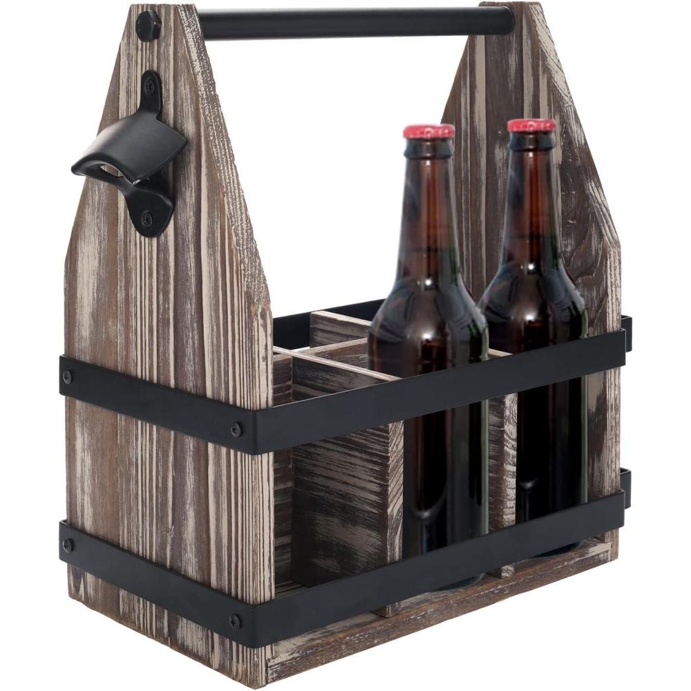 imageMyGift Rustic Solid Torched Wood 6 Slot Beverage Bottle Carrier Beer Caddy with Napkin Holder BuiltIn Bottle Opener and Black Metal Side Accents