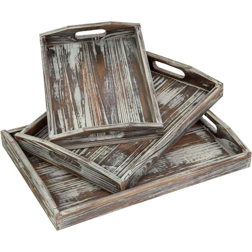 imageMyGift Rustic Solid Torched Wood Serving Trays Stylish Decorative Tray Nesting Breakfast Ottoman Coffee Table Tray with Handles 3Piece SetTorched Wood