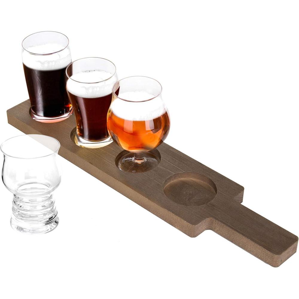 imageMyGift Rustic Solid Wood Sampler Tray Beer Flight Holder Serving Set with 4 Glasses and Erasable Chalkboard Label Brown Solid WoodBrown Solid Wood