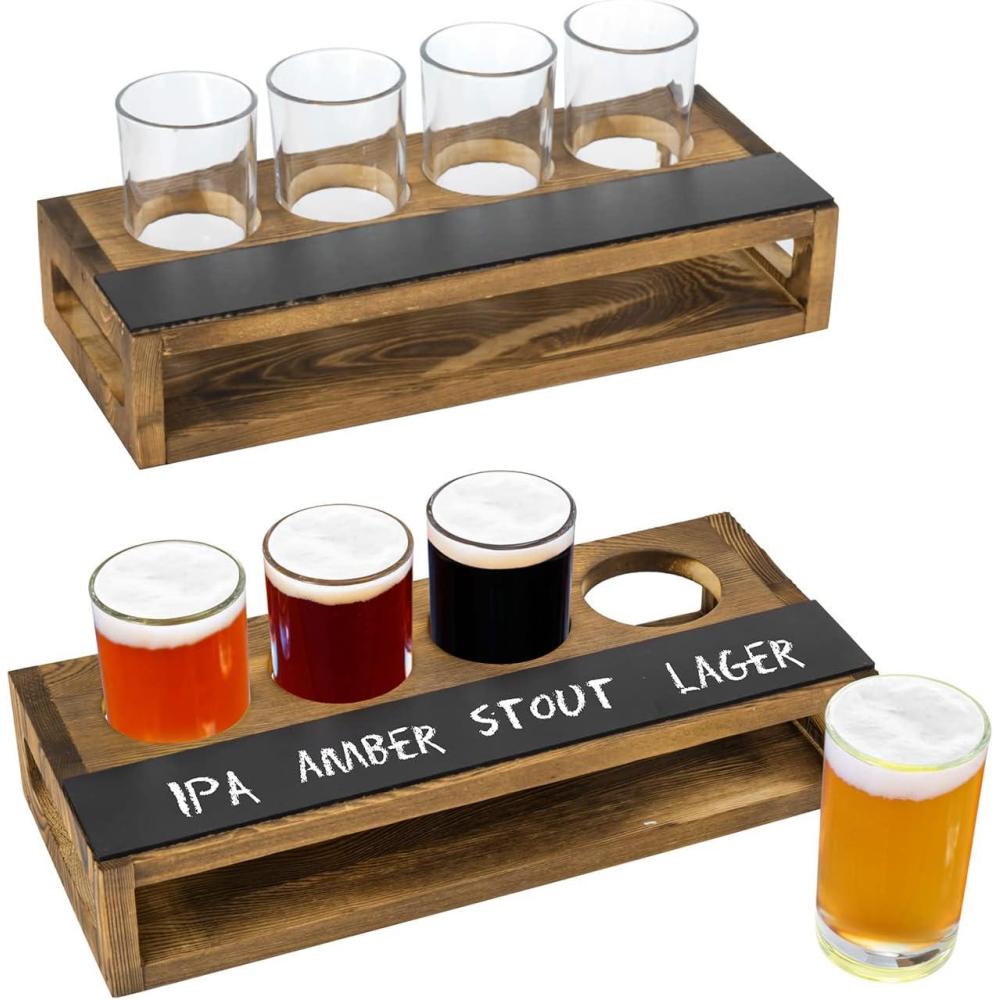 imageMyGift Rustic Solid Wood Sampler Tray Beer Flight Holder Serving Set with 4 Glasses and Erasable Chalkboard Label Brown Solid WoodBurnt Wood2