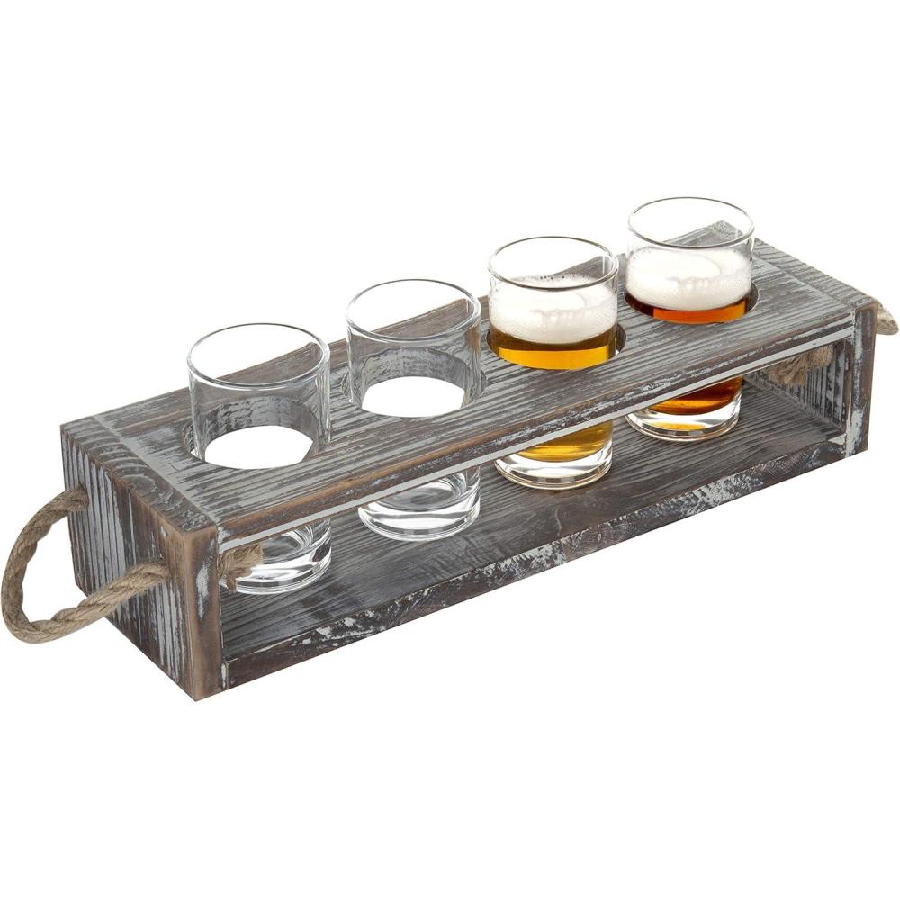 imageMyGift Rustic Solid Wood Sampler Tray Beer Flight Holder Serving Set with 4 Glasses and Erasable Chalkboard Label Brown Solid WoodTorched