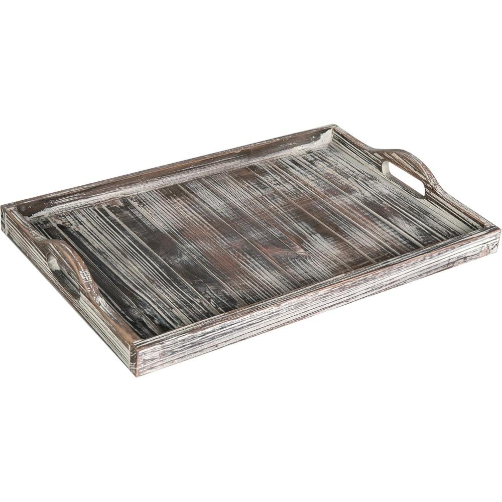 imageMyGift Rustic Torched Solid Wood Large Serving Tray with Cutout Handles with Slatted Design Breakfast Ottoman Coffee Table Tray 16 x 11 Inches