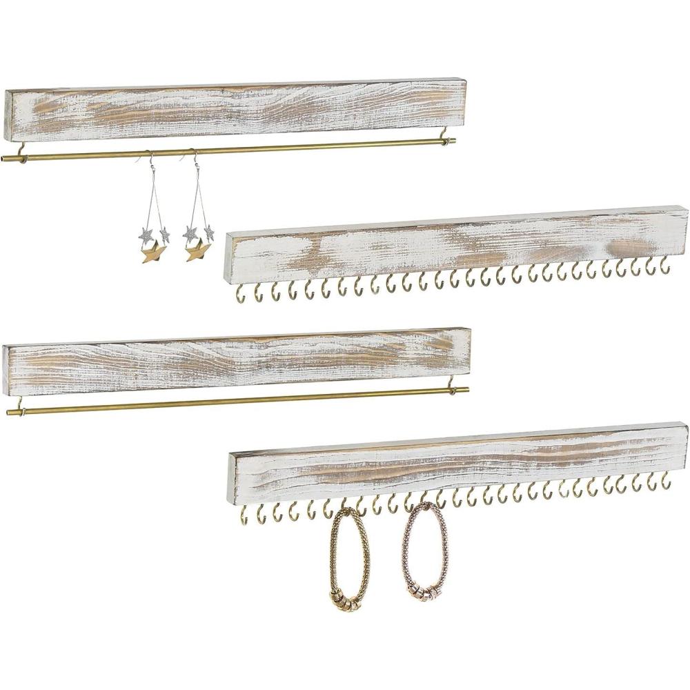 imageMyGift Rustic Whitewashed Wooden Wall Jewelry Organizer 4 Piece Wall Hanging Jewelry Organizer for Necklaces Earrings Bracelets with Hooks and Hanging Bars
