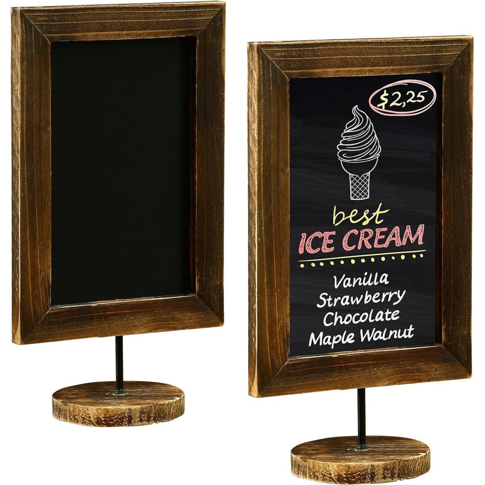 imageMyGift Set of 2 12 Inch Chalkboard Sign with Burnt Wood Rectangular Frame and Round Base Rustic Wedding Table Place Card Signage Small Kitchen Countertop Memo BoardRustic Brown Set of 2