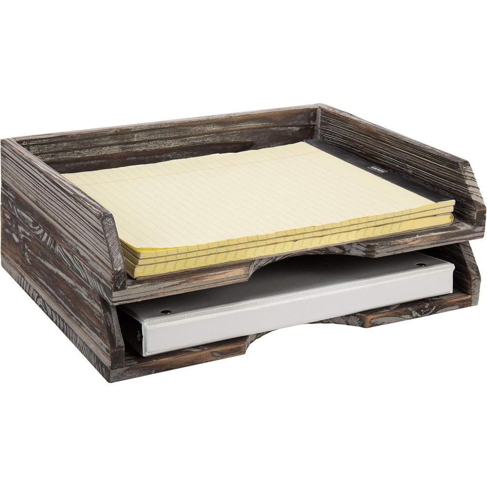 imageMyGift Set of 2 Torched Wood Stacking Desk Paper Tray Office Desktop Stackable Document File Folder and Mail Holder Organizer Tray