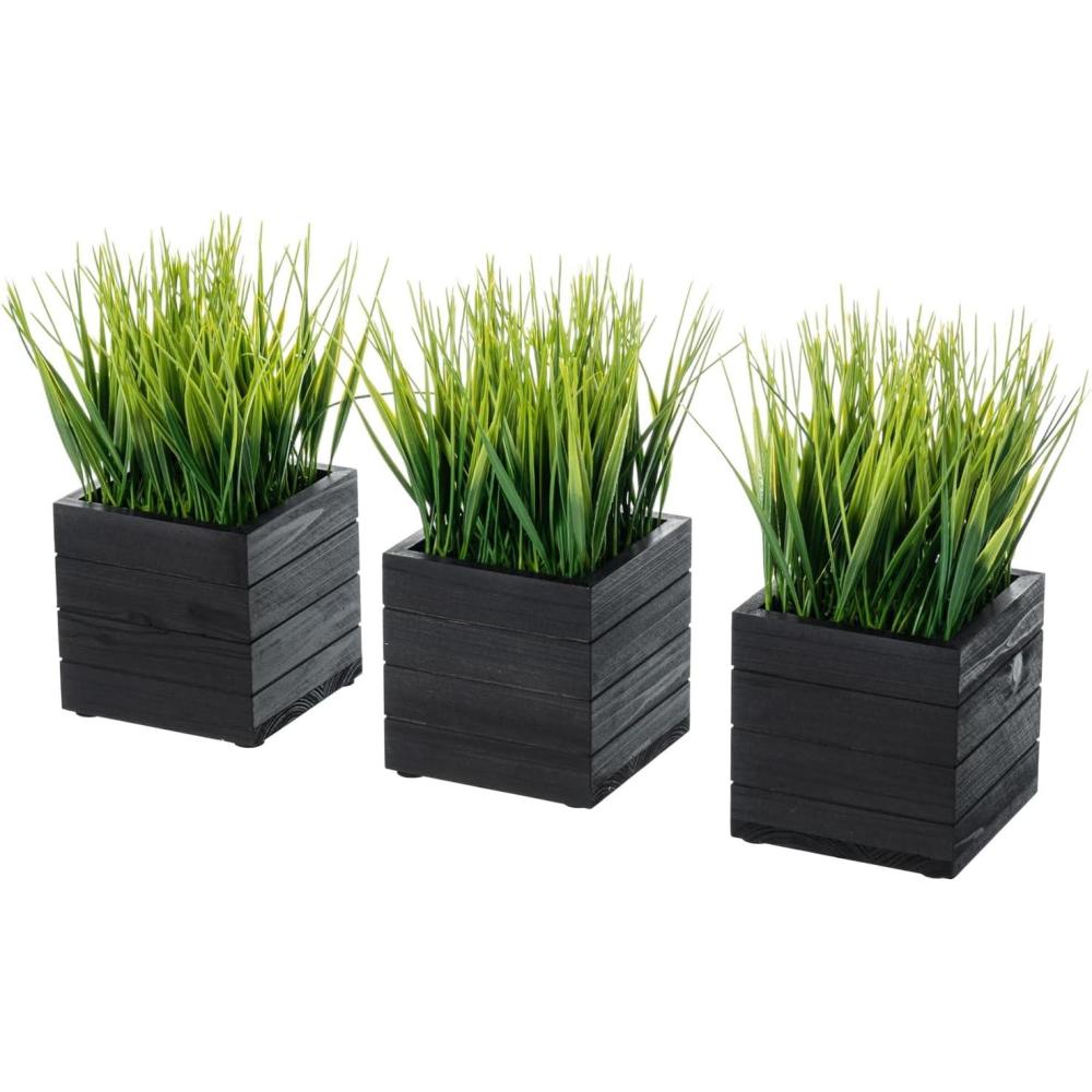 imageMyGift Set of 3 Fake Plants Small Artificial Potted Plants Indoor in Clear Glass Pot 95 Inch Faux Plant for Home DecorBlack Wood
