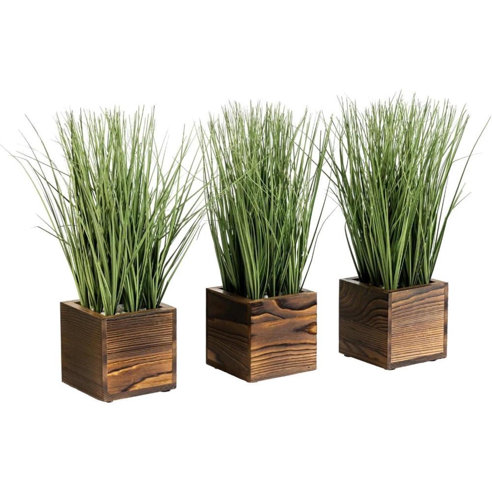 imageMyGift Set of 3 Fake Plants Small Artificial Potted Plants Indoor in Clear Glass Pot 95 Inch Faux Plant for Home DecorBurnt Wood