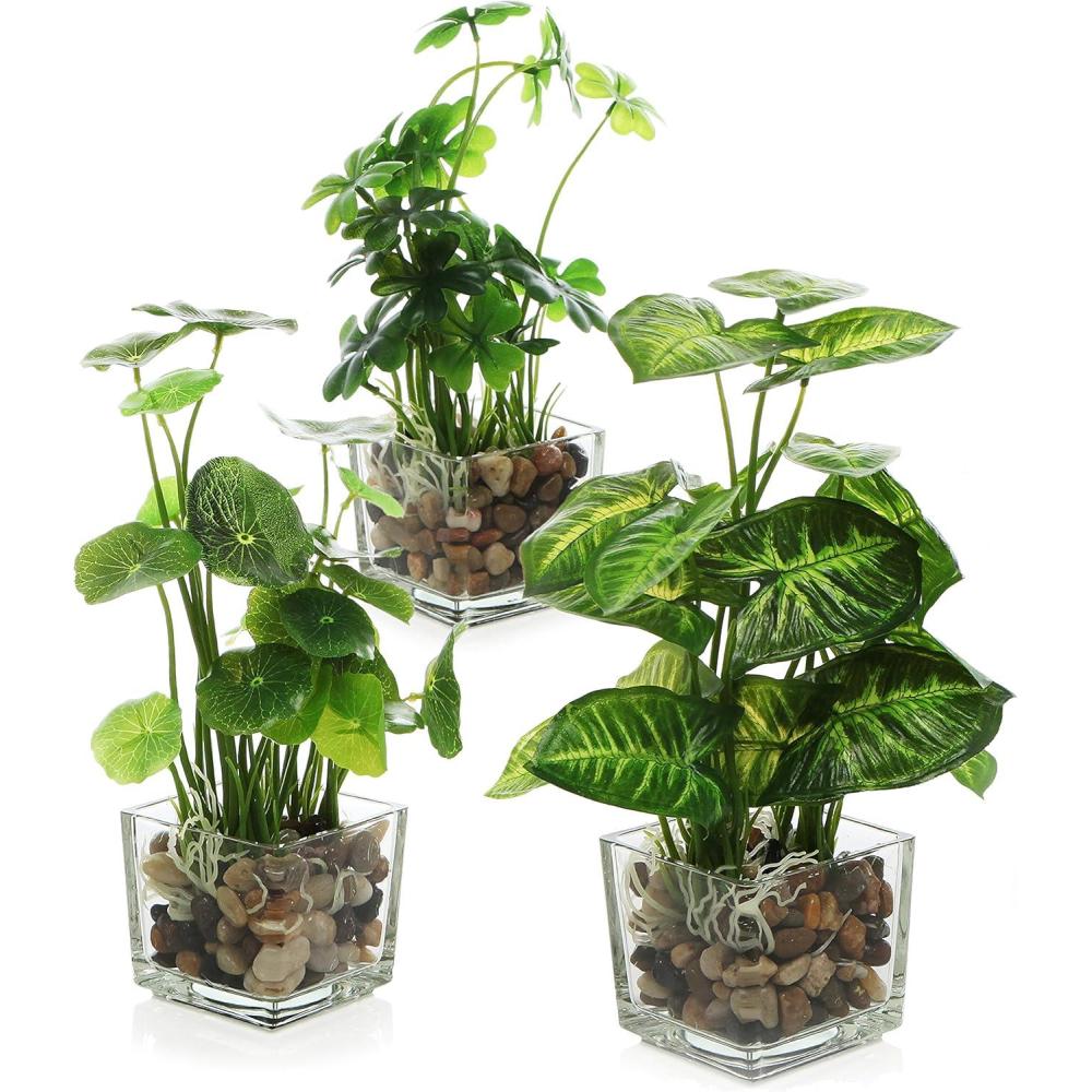 imageMyGift Set of 3 Fake Plants Small Artificial Potted Plants Indoor in Clear Glass Pot 95 Inch Faux Plant for Home DecorClear Earth Tone Pebbles