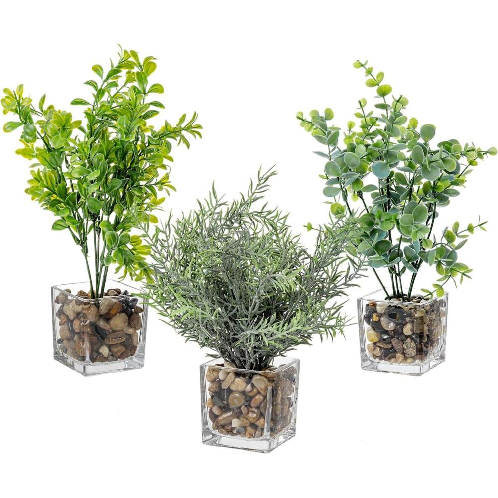 imageMyGift Set of 3 Fake Plants Small Artificial Potted Plants Indoor in Clear Glass Pot 95 Inch Faux Plant for Home DecorGreen