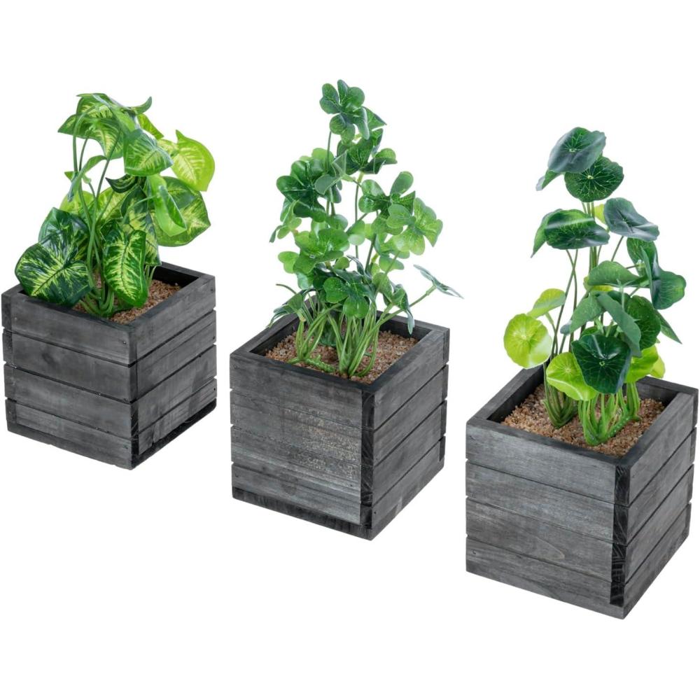 imageMyGift Set of 3 Fake Plants Small Artificial Potted Plants Indoor in Clear Glass Pot 95 Inch Faux Plant for Home DecorRustic Grey