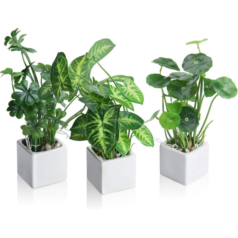 imageMyGift Set of 3 Fake Plants Small Artificial Potted Plants Indoor in Clear Glass Pot 95 Inch Faux Plant for Home DecorWhite