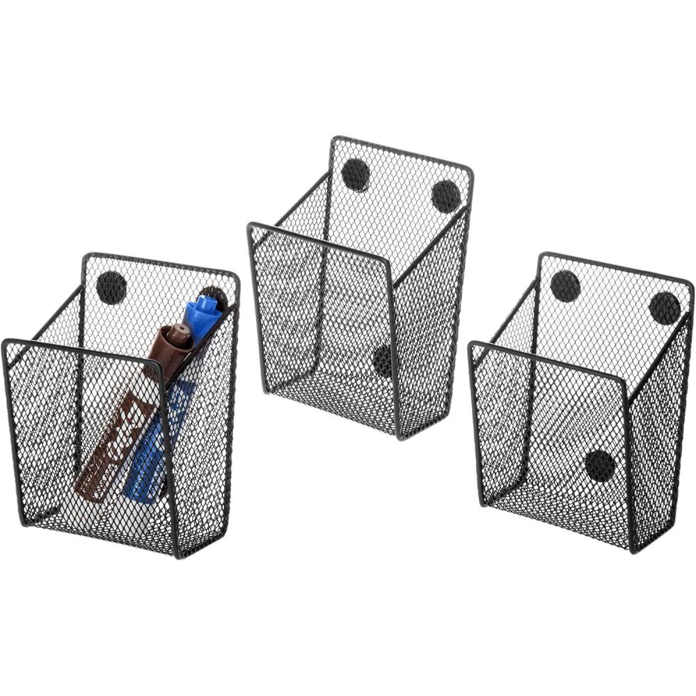 imageMyGift Set of 3 Magnetic Dry Erase Marker Holder Silver Wire Storage Basket Office Supplies Organizer White Board Pen Holders BlackBlack