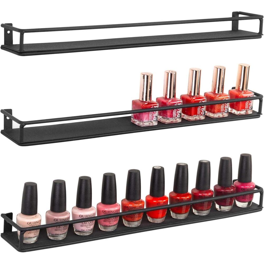 imageMyGift Set of 3 WallMounted Black Metal Nail Polish and Essential Oils Display Shelves Kitchen Spice Jars RackBlack
