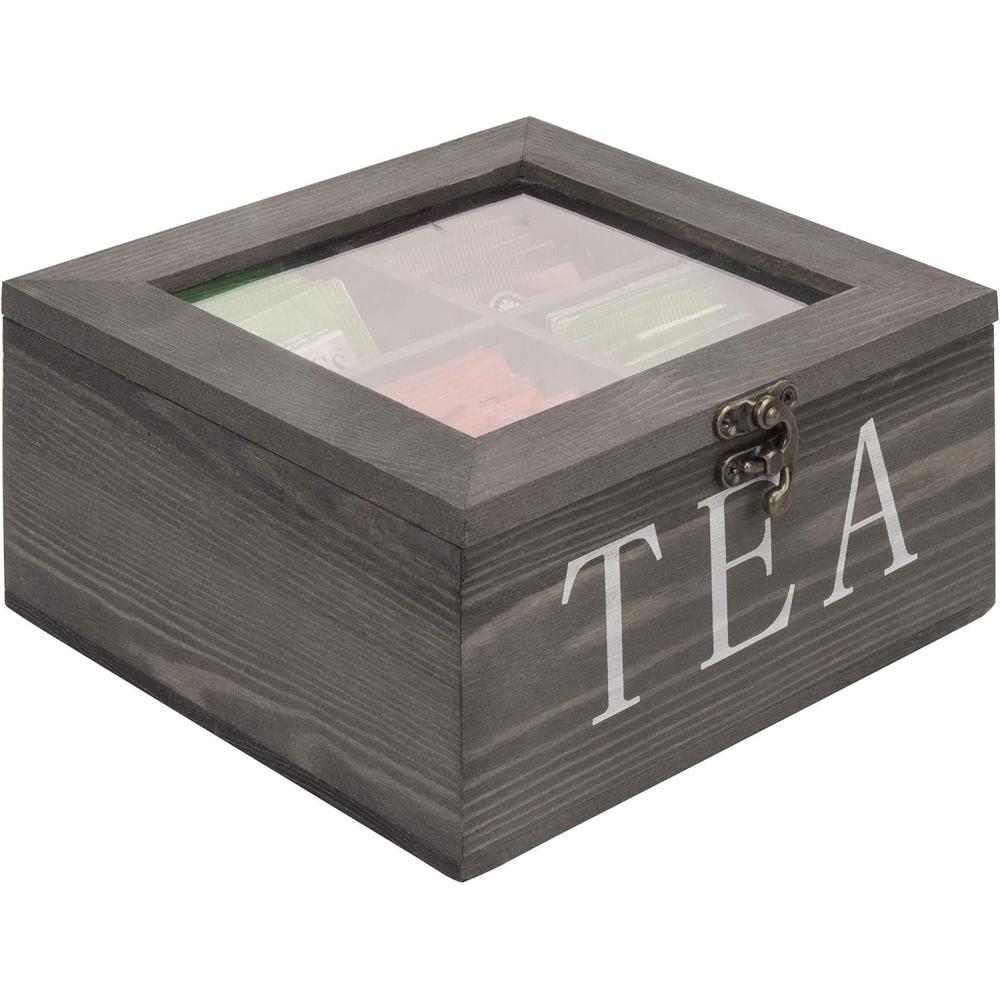 imageMyGift Shabby Whitewashed Solid Wood Tea Box Organizer with 4 Compartments Teabag Storage Chest with Clear Acrylic Lid and LatchRustic Gray