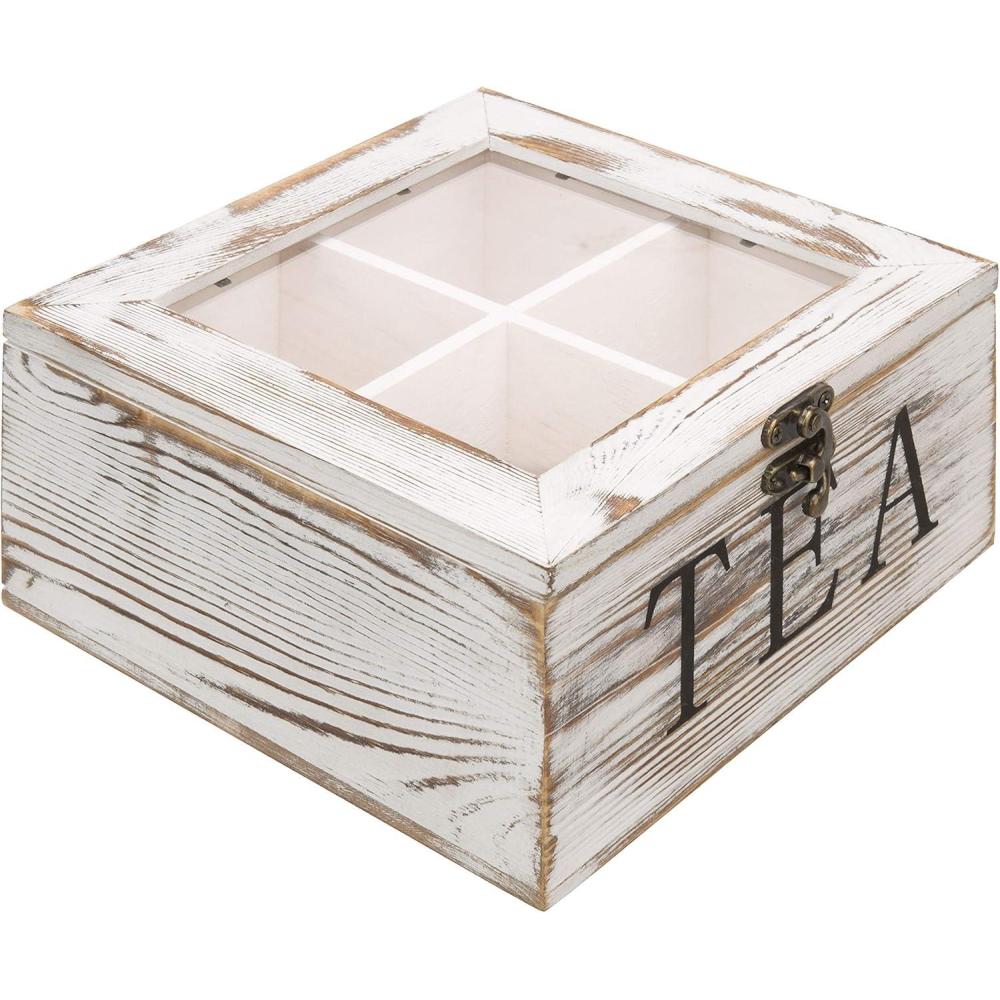 imageMyGift Shabby Whitewashed Solid Wood Tea Box Organizer with 4 Compartments Teabag Storage Chest with Clear Acrylic Lid and LatchWhitewashed