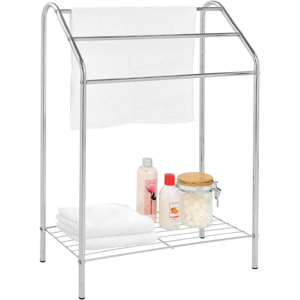 imageMyGift Silver Chrome Metal Freestanding Towel Rack for Bathroom Laundry Room Spa with 3 Tiered Bars and Storage Shelf Clothes and Towel Drying Rack StandSilver