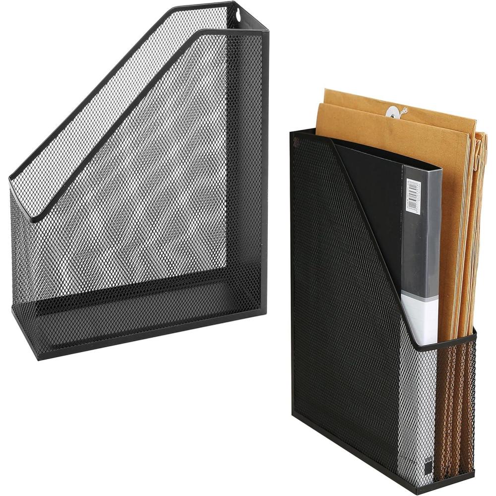 imageMyGift Silver Wire Mesh Document Holder Wall Mounted or Desktop Magazine and File Rack Set of 2Black Set of 2