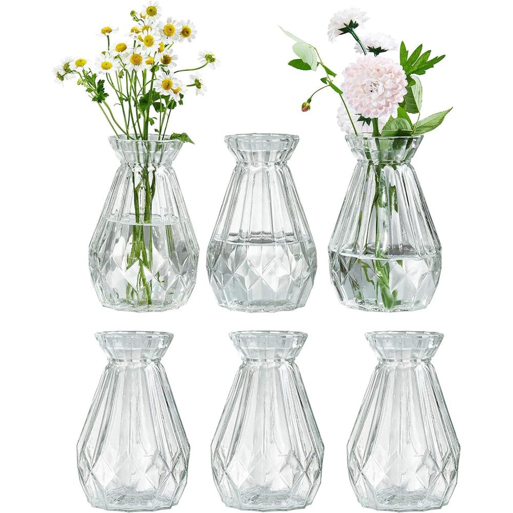imageMyGift Small Glass Bud Vase 5 Inch Decorative Flower Vases Mini Vintage Style Centerpiece Vases with Diamond Faceted Design Set of 26