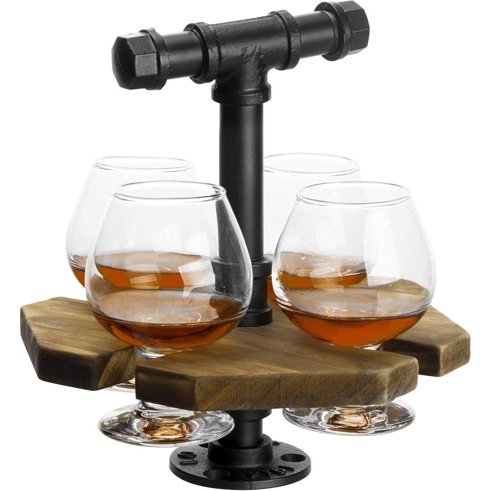 imageMyGift Solid Burnt Wood Serving Beer Whiskey Flight Set Tray with Industrial Black Metal Pipe Carrying Handle and 4 Small Snifter Style Tasting Beer Glasses Set of 2Burnt Wood