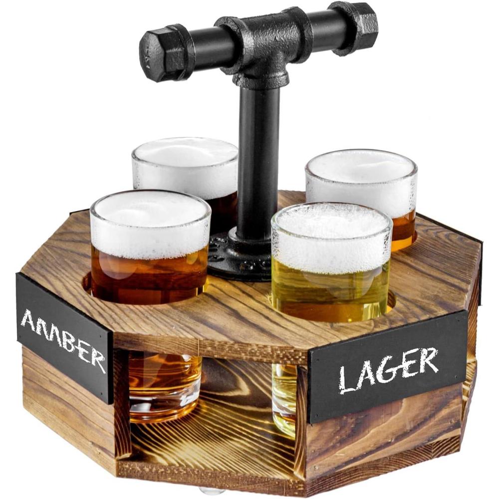 imageMyGift Solid Burnt Wood Serving Beer Whiskey Flight Set Tray with Industrial Black Metal Pipe Carrying Handle and 4 Small Snifter Style Tasting Beer Glasses Set of 2Burnt Solid Wood