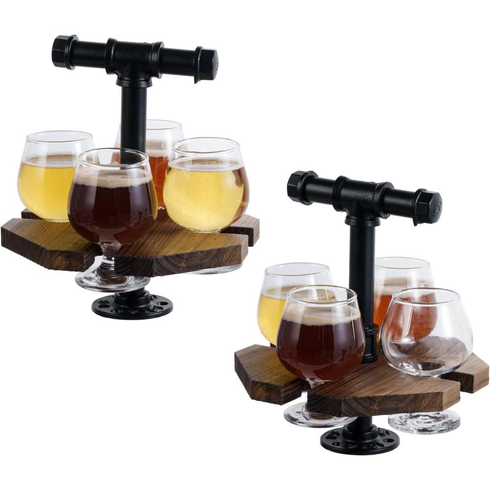 imageMyGift Solid Burnt Wood Serving Beer Whiskey Flight Set Tray with Industrial Black Metal Pipe Carrying Handle and 4 Small Snifter Style Tasting Beer Glasses Set of 22 Pack