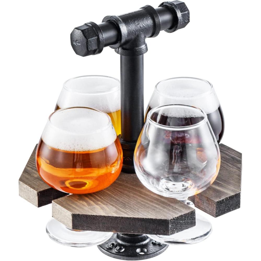 imageMyGift Solid Burnt Wood Serving Beer Whiskey Flight Set Tray with Industrial Black Metal Pipe Carrying Handle and 4 Small Snifter Style Tasting Beer Glasses Set of 2Vintage Gray