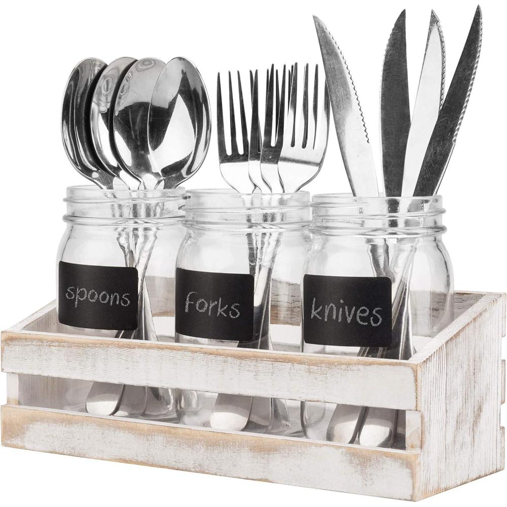 imageMyGift Solid Whitewashed Wood Kitchen Countertop Flatware Utensil Holder Casual Dining Flatware Caddy with 3 Mason Jars and Chalkboard Labels
