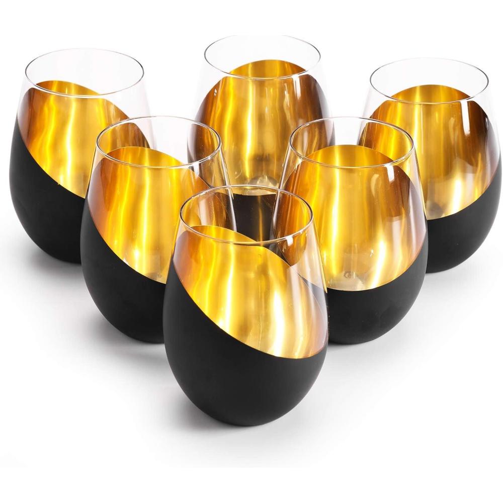 imageMyGift Stemless Wine Glasses Set of 4 Copper Accent Modern Barware Elegant Wedding ampamp Celebration Cups with Luxe Metallic Finish Dishwasher SafeBlack Set of 6