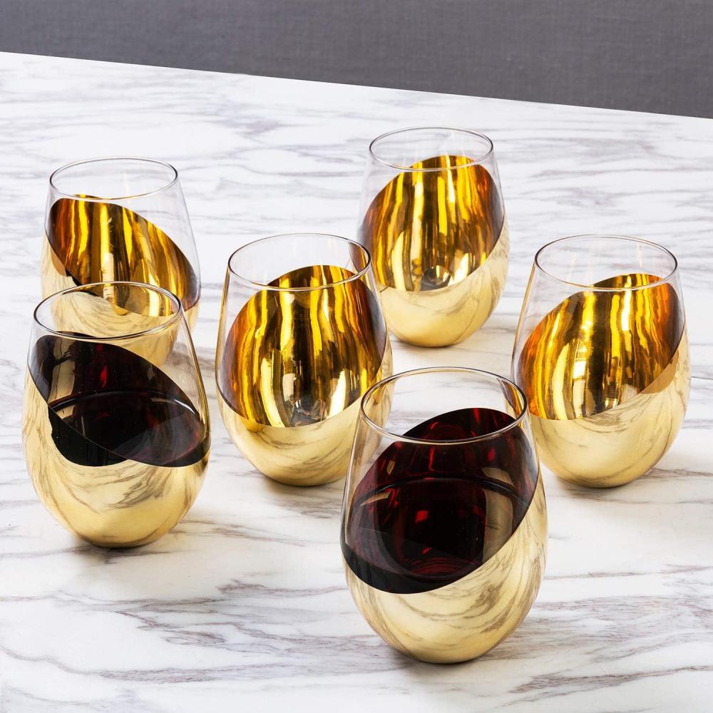 imageMyGift Stemless Wine Glasses Set of 4 Copper Accent Modern Barware Elegant Wedding ampamp Celebration Cups with Luxe Metallic Finish Dishwasher SafeBrass6