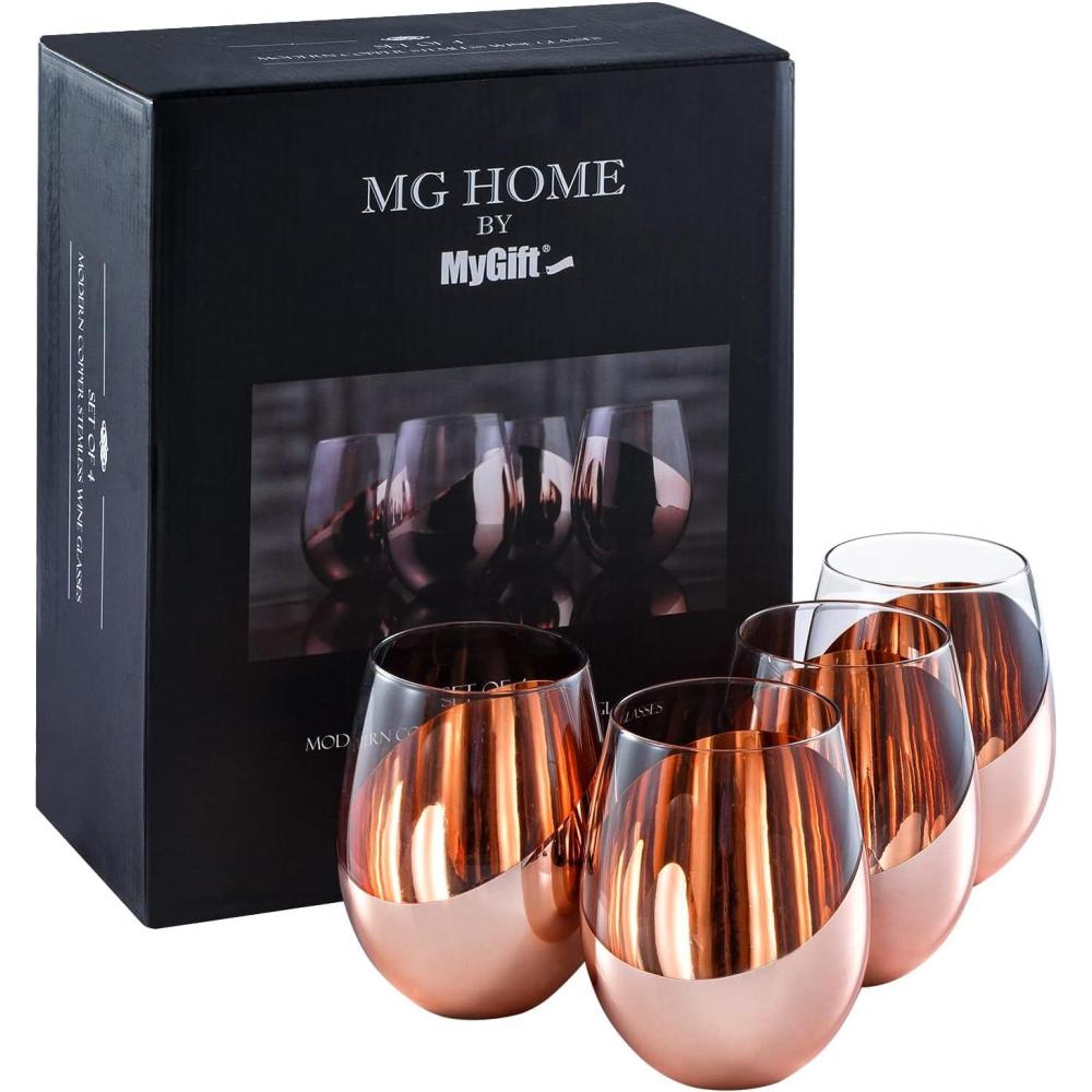 imageMyGift Stemless Wine Glasses Set of 4 Copper Accent Modern Barware Elegant Wedding ampamp Celebration Cups with Luxe Metallic Finish Dishwasher SafeCopper4