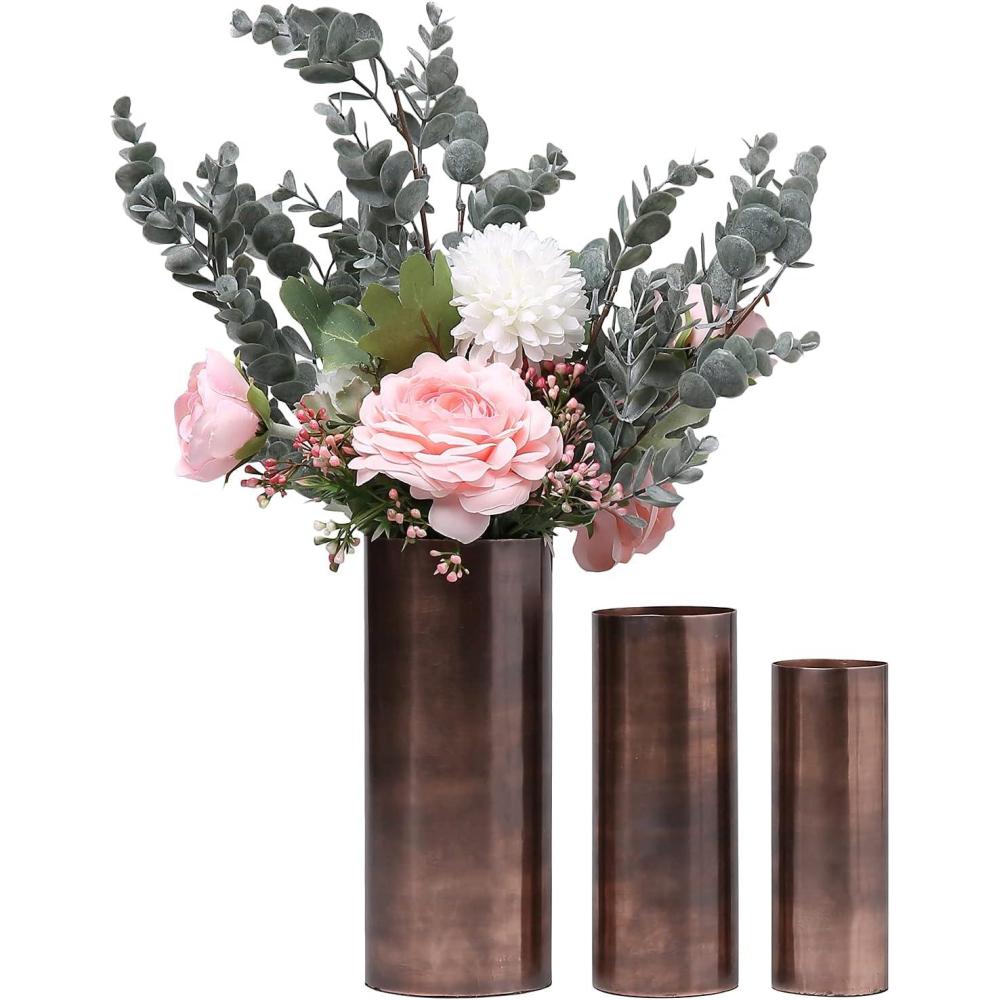 imageMyGift Tall Modern Vintage Metal Tabletop Flower Vase in BronzeTone Finish Cylindrical Wedding Centerpiece Floral Vase for Faux Floral Stems and Reeds 3 Piece Set Handcrafted in India