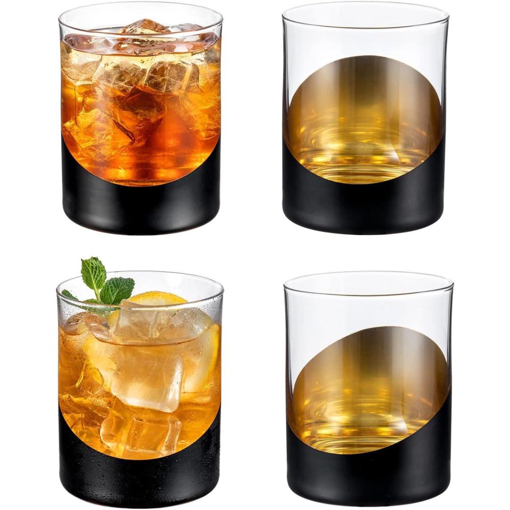 imageMyGift Tilted Crystal Whiskey Glasses Set of 4 Tumblers Old Fashioned Scotch ampamp Bourbon Glass Includes Gift BoxBlack Gold