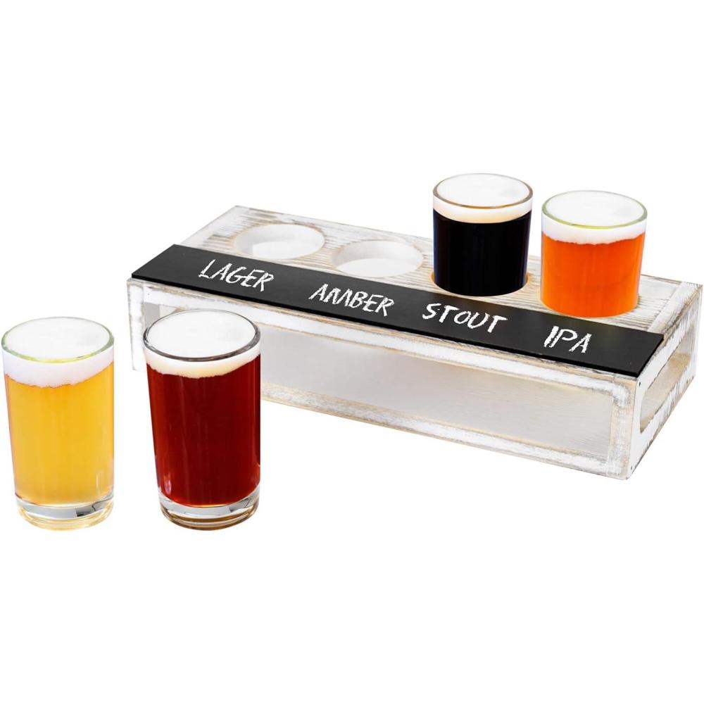 imageMyGift Torched Solid Wood Tasting Beer Glass Gift Set with 4 Tasting Beer Glasses and Serving Tray with Erasable Chalkboard Label BrownWhitewashed