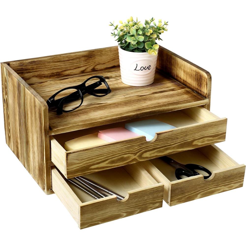 imageMyGift Torched Wood Desk Organizer Document and Paper Holder Cabinet with 3 Drawer Office Supplies Storage Organizer