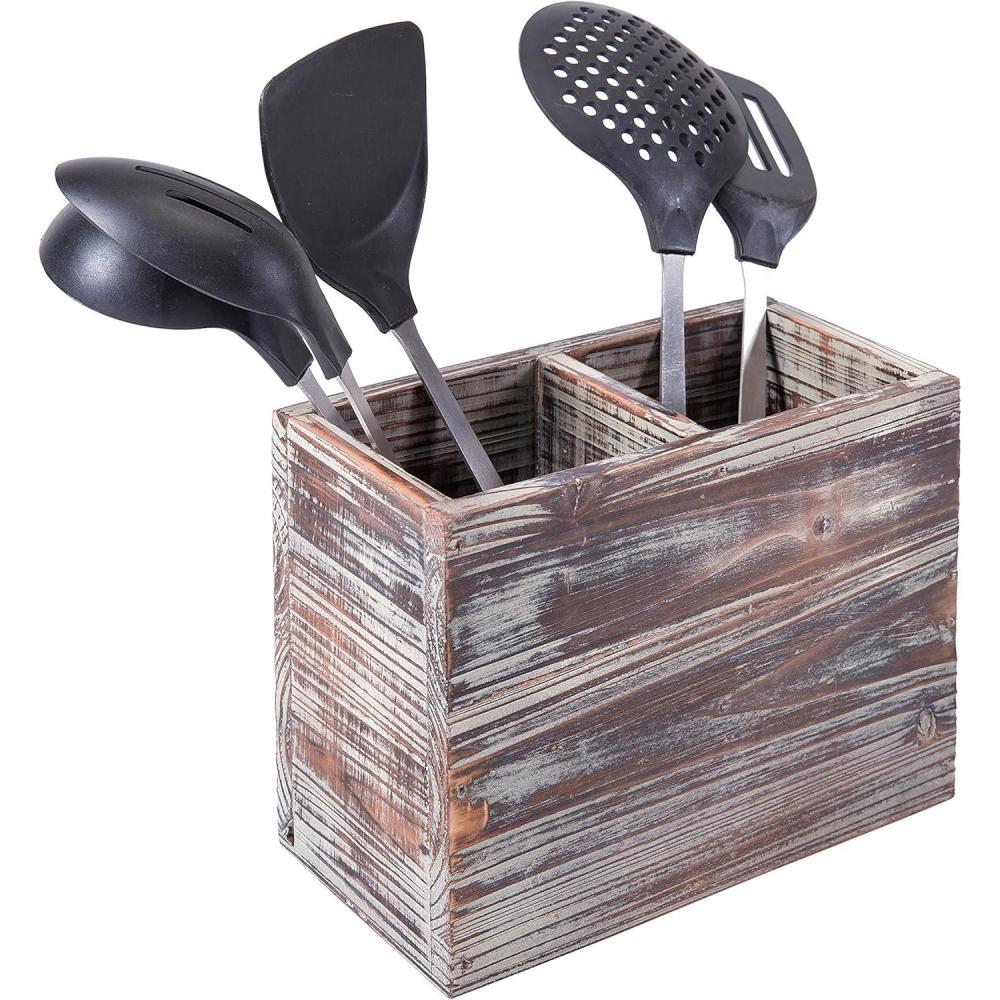 imageMyGift Torched Wood Kitchen Utensil Holder Organizer Countertop Flatware Silverware Cooking Utensil Crock Storage Caddy with 2 Compartments