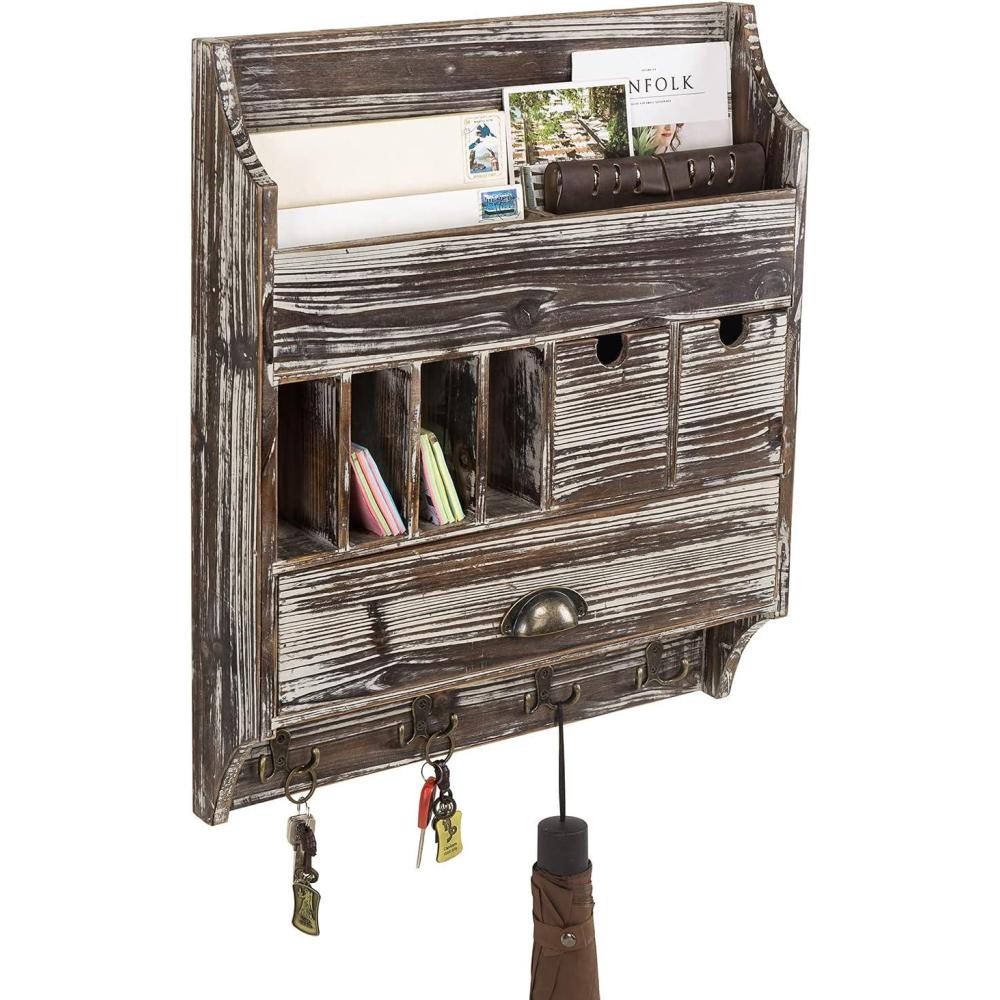 imageMyGift Torched Wood Wall Mounted Entryway Organizer with Mail Holder and Multiple Accessories Storage Compartments Pull Out Drawers and 4 Dual Key Hooks