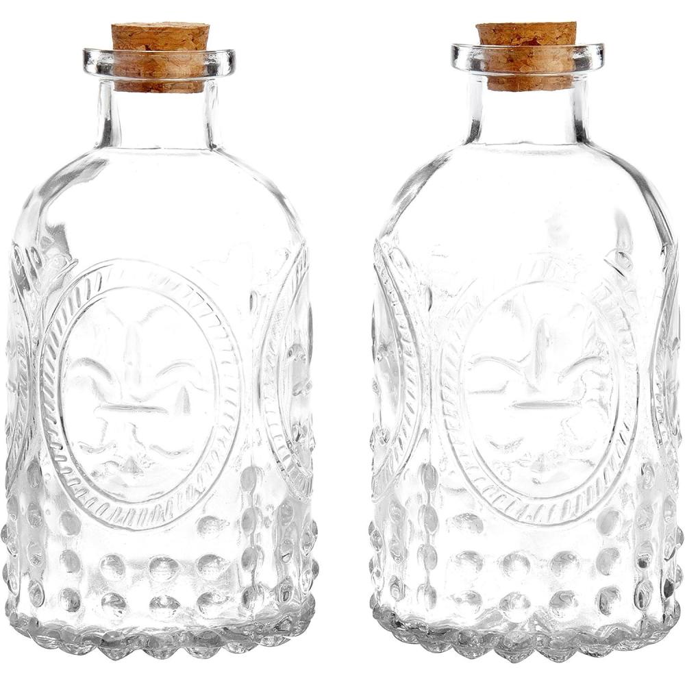 imageMyGift Vintage Embossed Clear Glass Bottle Apothecary Style Flower Bud Vase Essential Oil Diffuser Bottles with Cork Lid Set of 2