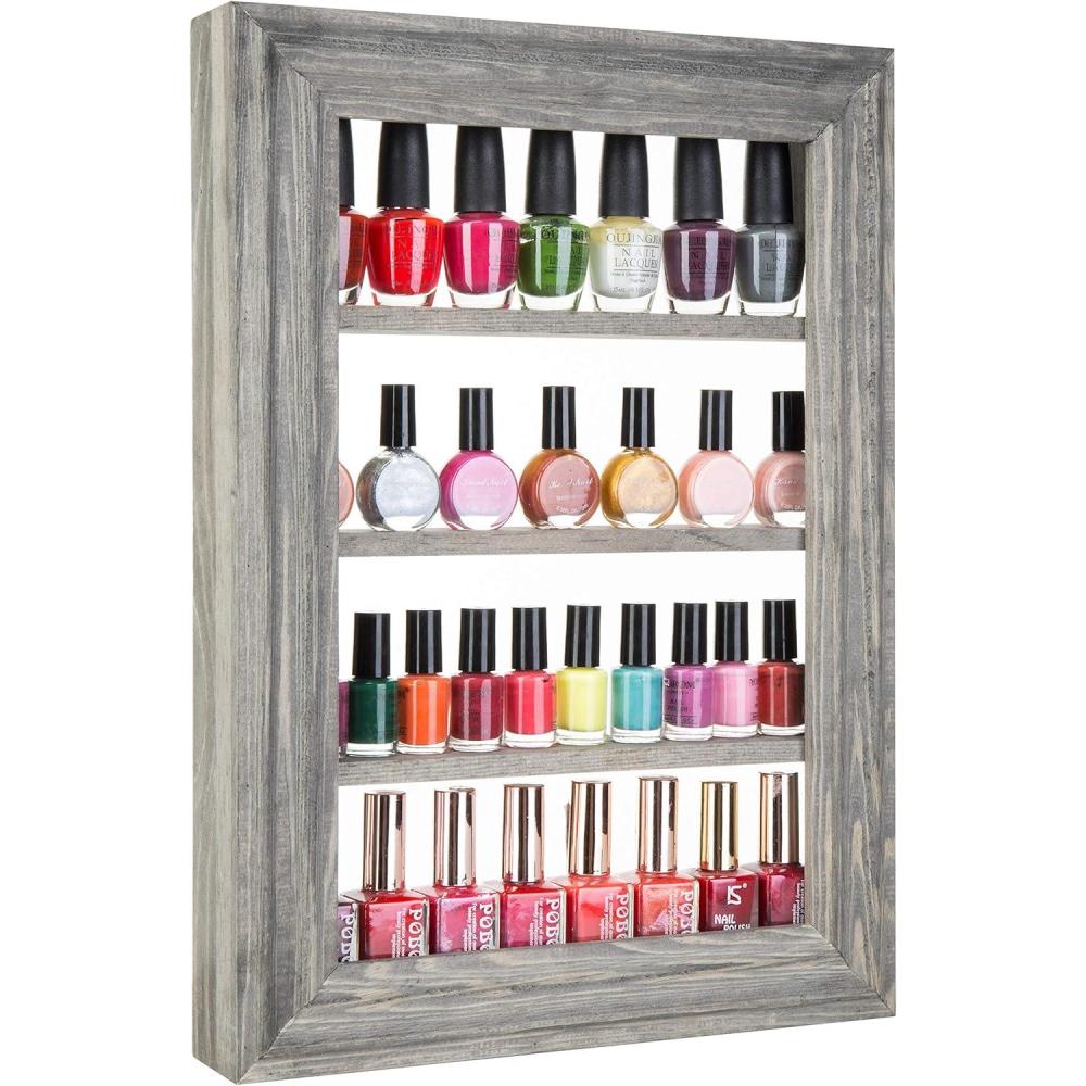 imageMyGift Vintage Gray Wood Wall Mounted Nail Polish Holder Display Rack with 4 Tier Shelf Essential Oil Bottle OrganizerVintage Gray