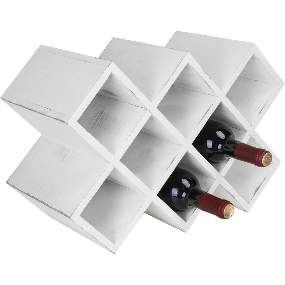 imageMyGift Vintage White Solid Wood Tabletop Wine Bottle Holder Rack with Geometric Cross Hatch Design Vertical or Horizontal Display Holds up to 8 Bottles