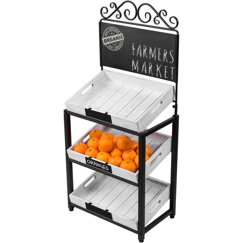 imageMyGift Vintage Whitewashed Wood and Metal 3 Tiered Produce Stand with Chalkboard Sign and Decorative Scrollwork Design