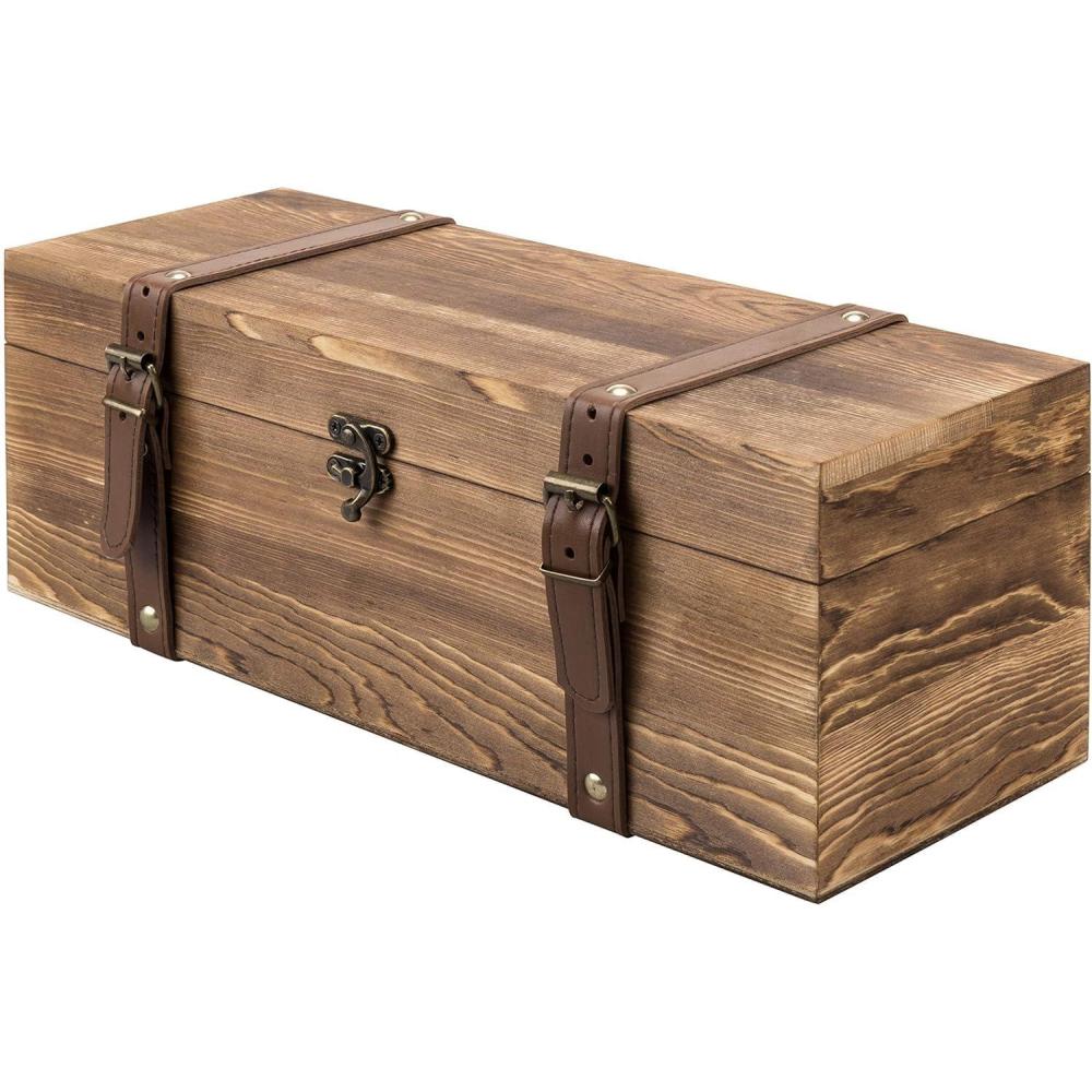 imageMyGift Vintage Wooden Wine Gift Box Single Bottle Holder with Locking Latch ampamp Leather Straps Rustic Brown Wedding Champagne Beer 14x5x5 Inches