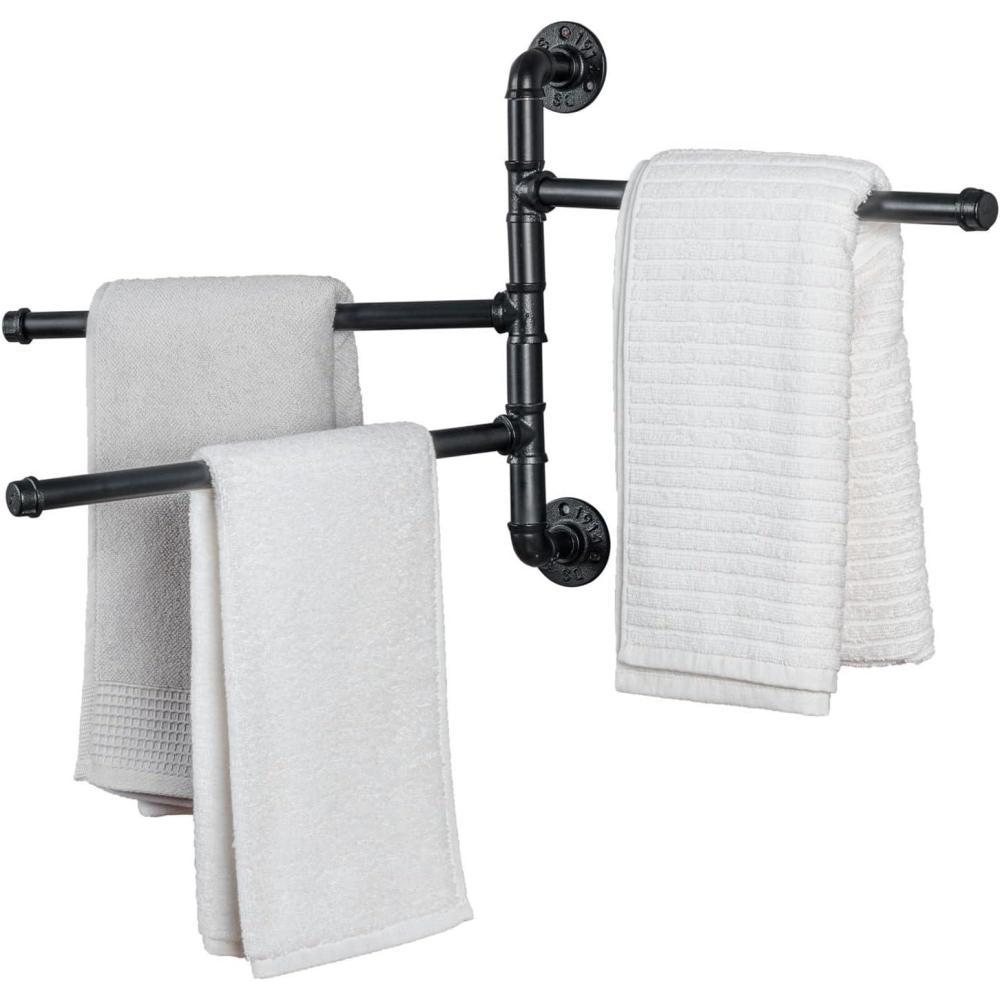 imageMyGift Wall Mounted Bathroom Towel Rack Metal Industrial Pipe Design Swivel 3 Bar Towel Rack Matte BlackBlack