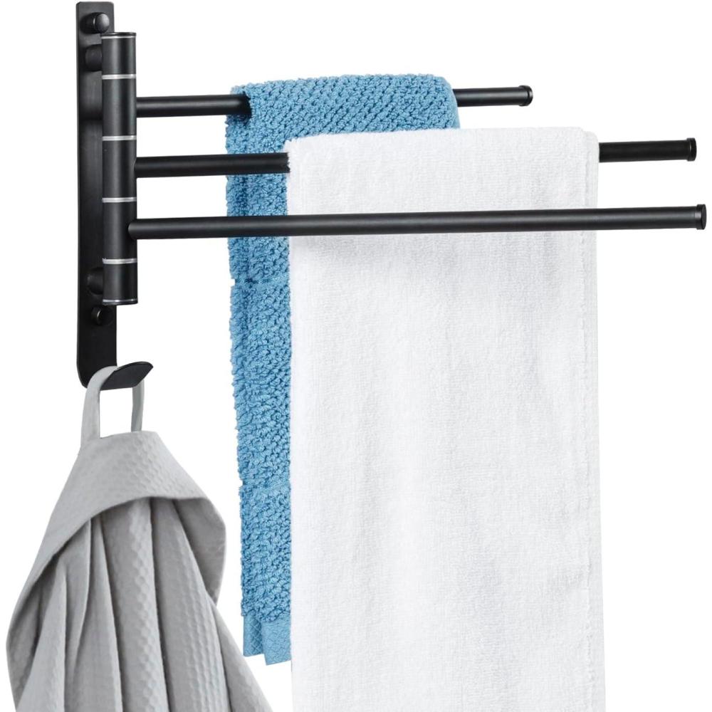 imageMyGift Wall Mounted Bathroom Towel Rack Metal Industrial Pipe Design Swivel 3 Bar Towel Rack Matte BlackMatte Black