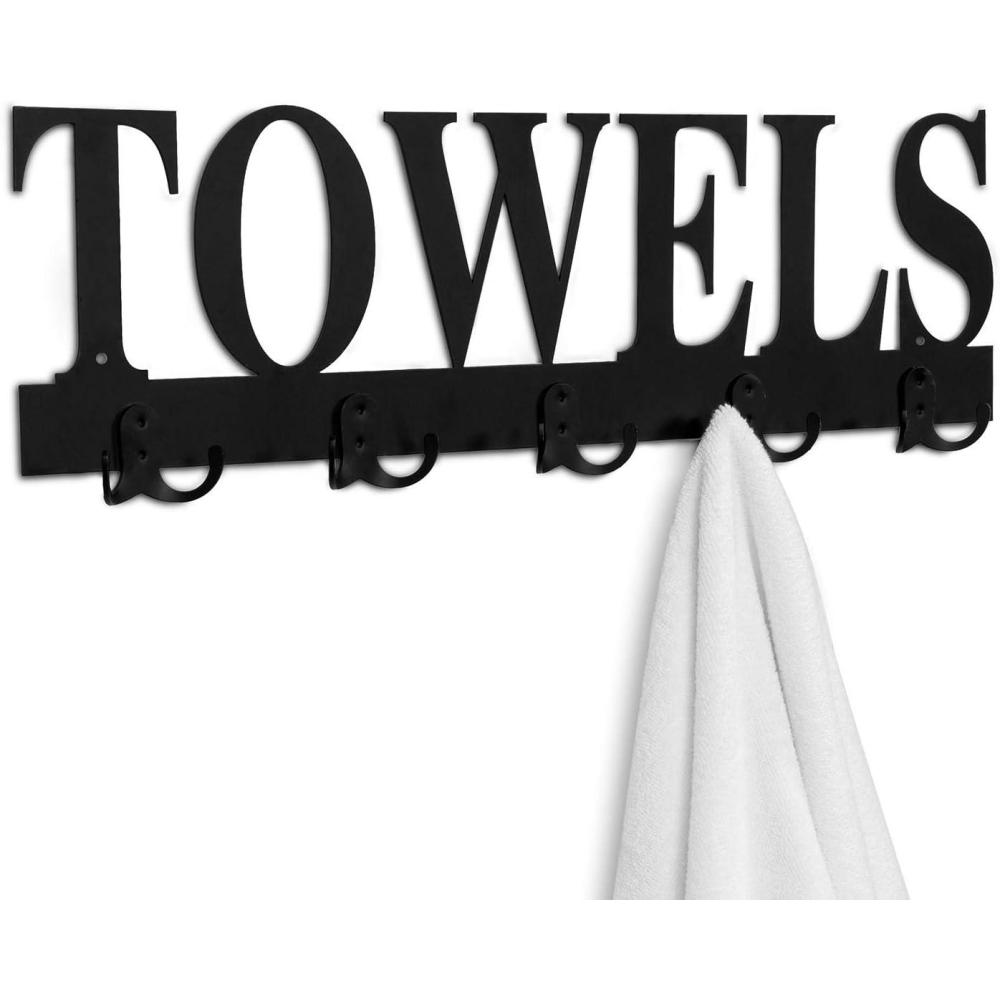 imageMyGift Wall Mounted Black Metal Towel Rack with 5 Dual Hooks and Cut Out Towels Design Decorative Hanging Towel HooksBlack