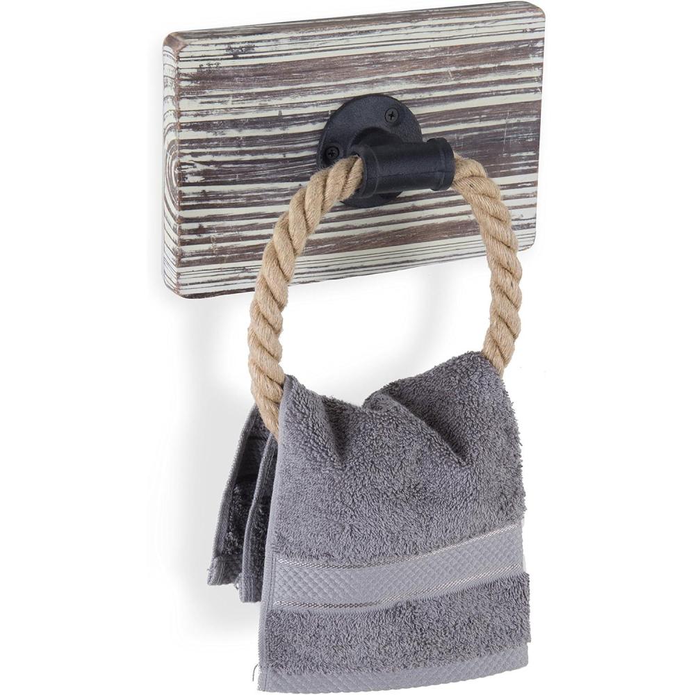 imageMyGift Wall Mounted Industrial Black Metal Pipe and Rustic Rope Towel Ring with Urban Torched Solid Wood Backing Hanging Washcloth Dishcloth Holder for Bathroom or KitchenTorched Wood