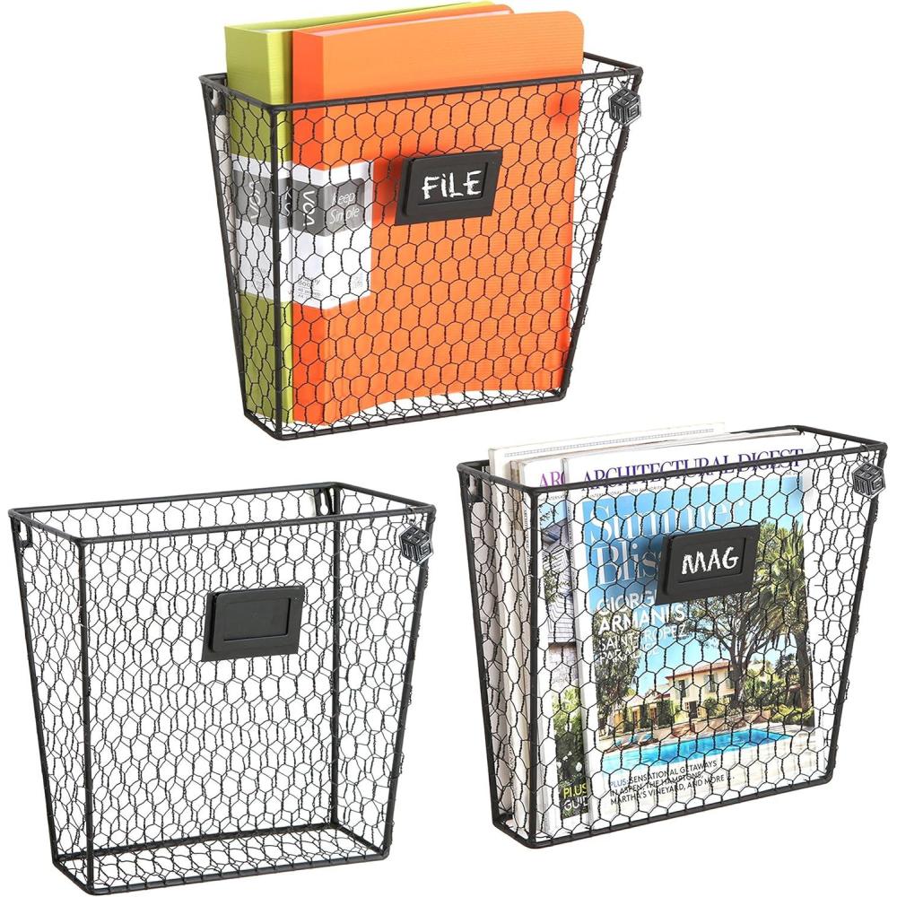 imageMyGift Wall Mounted Magazine Holder Rustic Black Metal Wire Mail Holder and Document File Storage Organizer with Erasable Chalkboard Labels Set of 3Black Set of 3